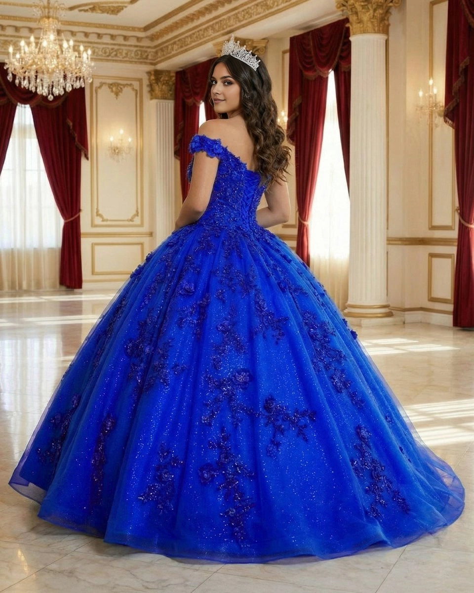 Ballgown Off-shoulder V-neck Short Sleeve Lace-up Back Floor Length Quinceañera Dress