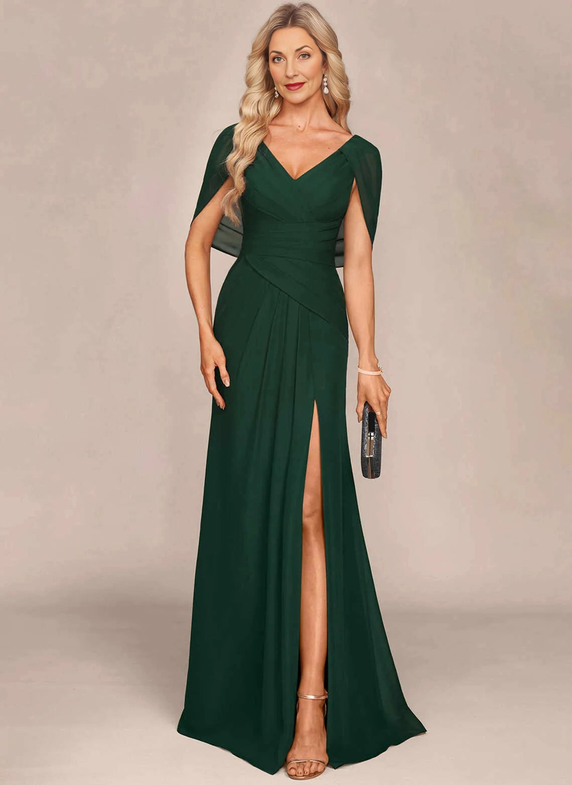 Stylish Mermaid V‑Neck Cape Sleeve Slit Floor‑Length Mother Of The Bride Dress