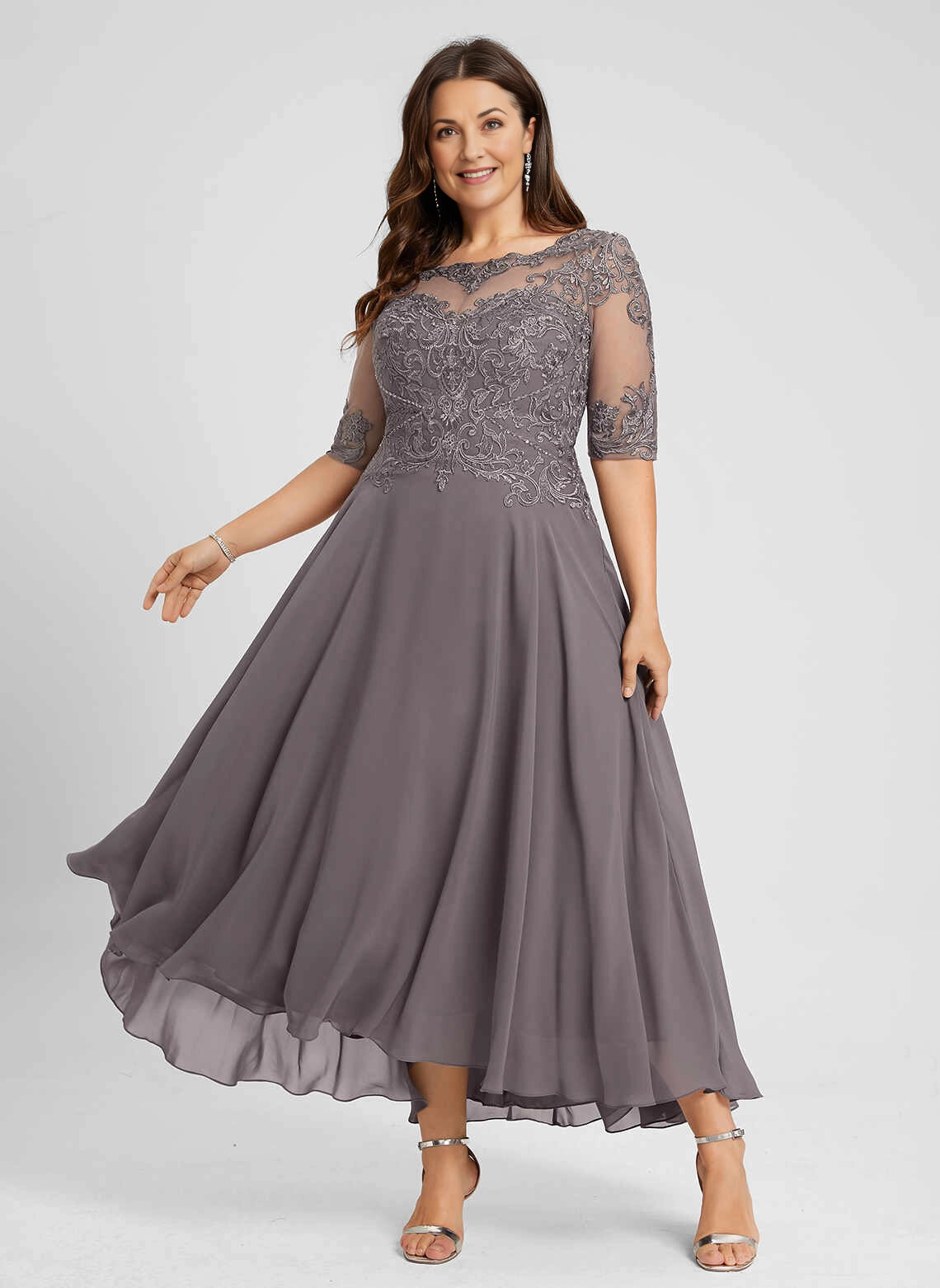 Romantic A‑Line Illusion Neck Elbow‑Sleeve Hi‑Lo Mother Of The Bride Dress
