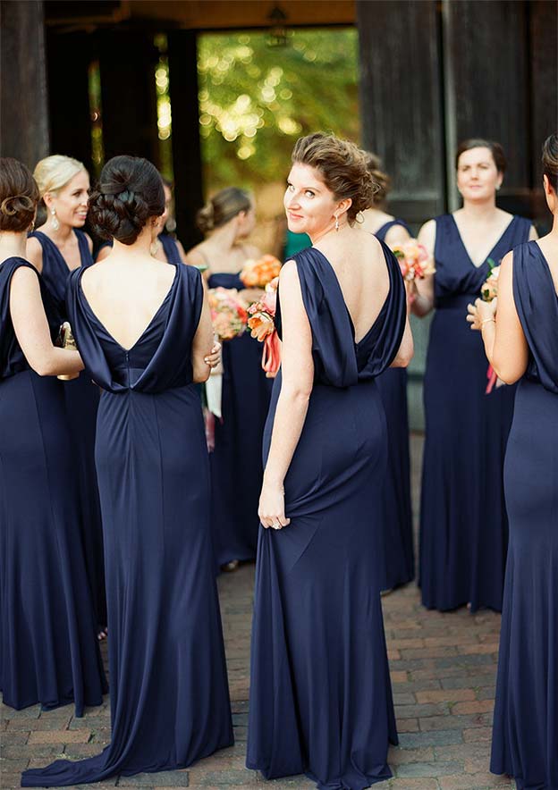 A-line V Neck Sleeveless Backless Sweep Train Jersey Floor length Bridesmaid Dress with Pleated Evening Gown