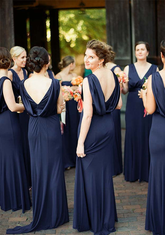 A-line V Neck Sleeveless Backless Sweep Train Jersey Floor length Bridesmaid Dress with Pleated Evening Gown