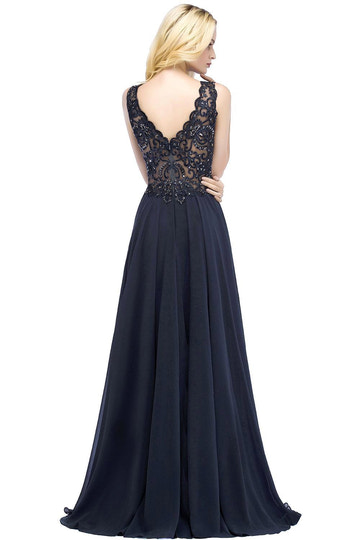 A-line V Neck Sleeveless Chiffon Applique Lace Floor Length Bridesmaid Dresses