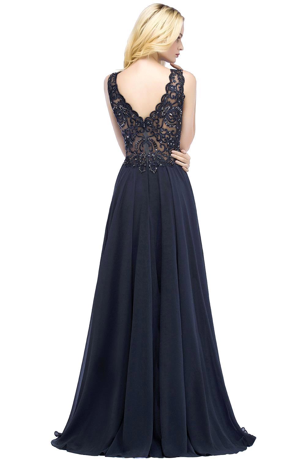 A-line V Neck Sleeveless Chiffon Applique Lace Floor Length Bridesmaid Dresses