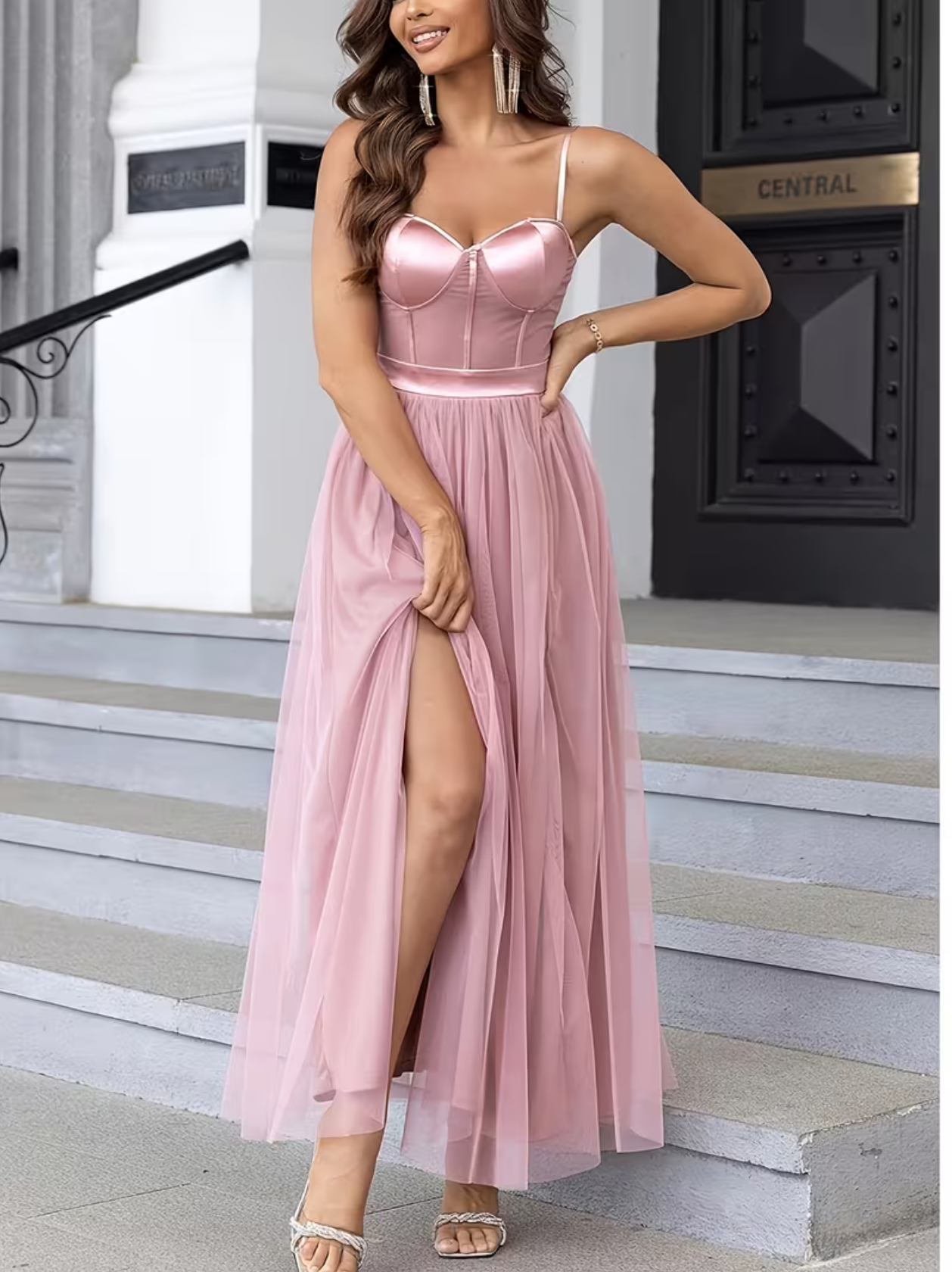 Vestido de Noche Formal Elegante para Mujer Largo sin Mangas, Línea A para Fiestas, Bodas y Graduaciones, Vestido Maxi con Cuello en V y Dobladillo con Abertura