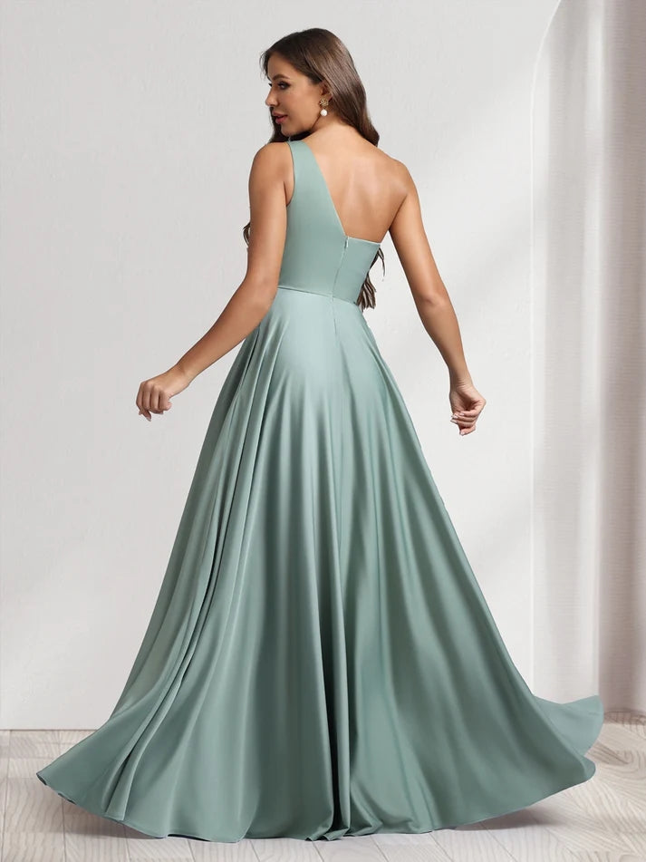 A-Line/Princess One-Shoulder Stretch Satin Floor-Length Formal Prom Bridesmaid Dresses With Pockets
