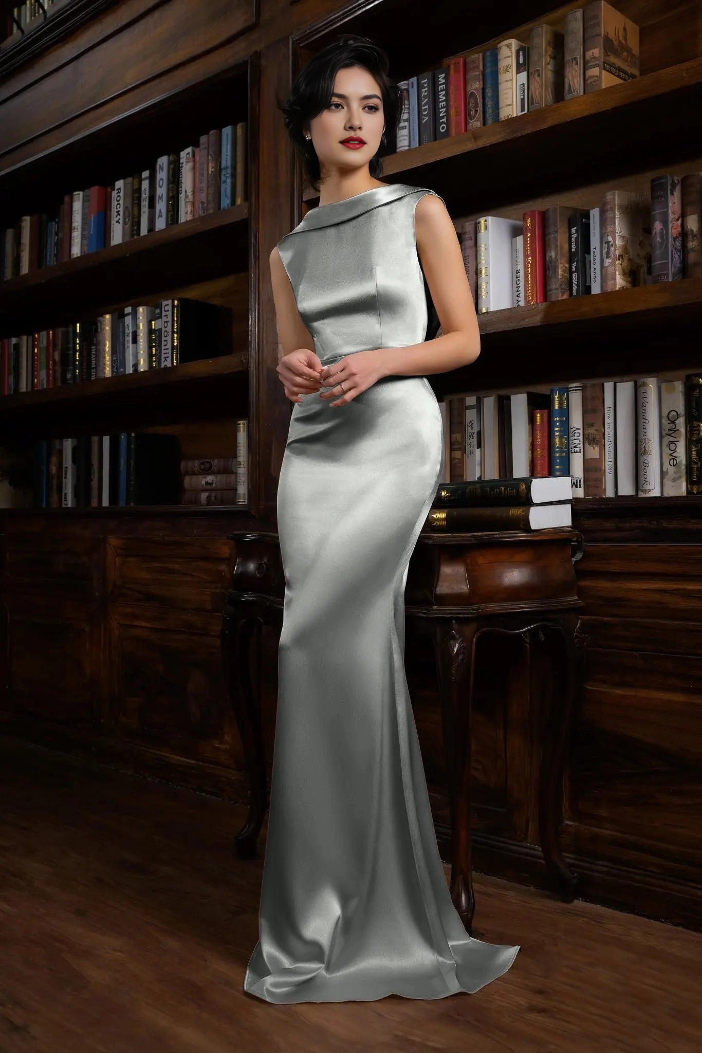 Satin Mermaid Fold‑Over Neck Sleeveless Draped‑Back Maxi Prom Dress