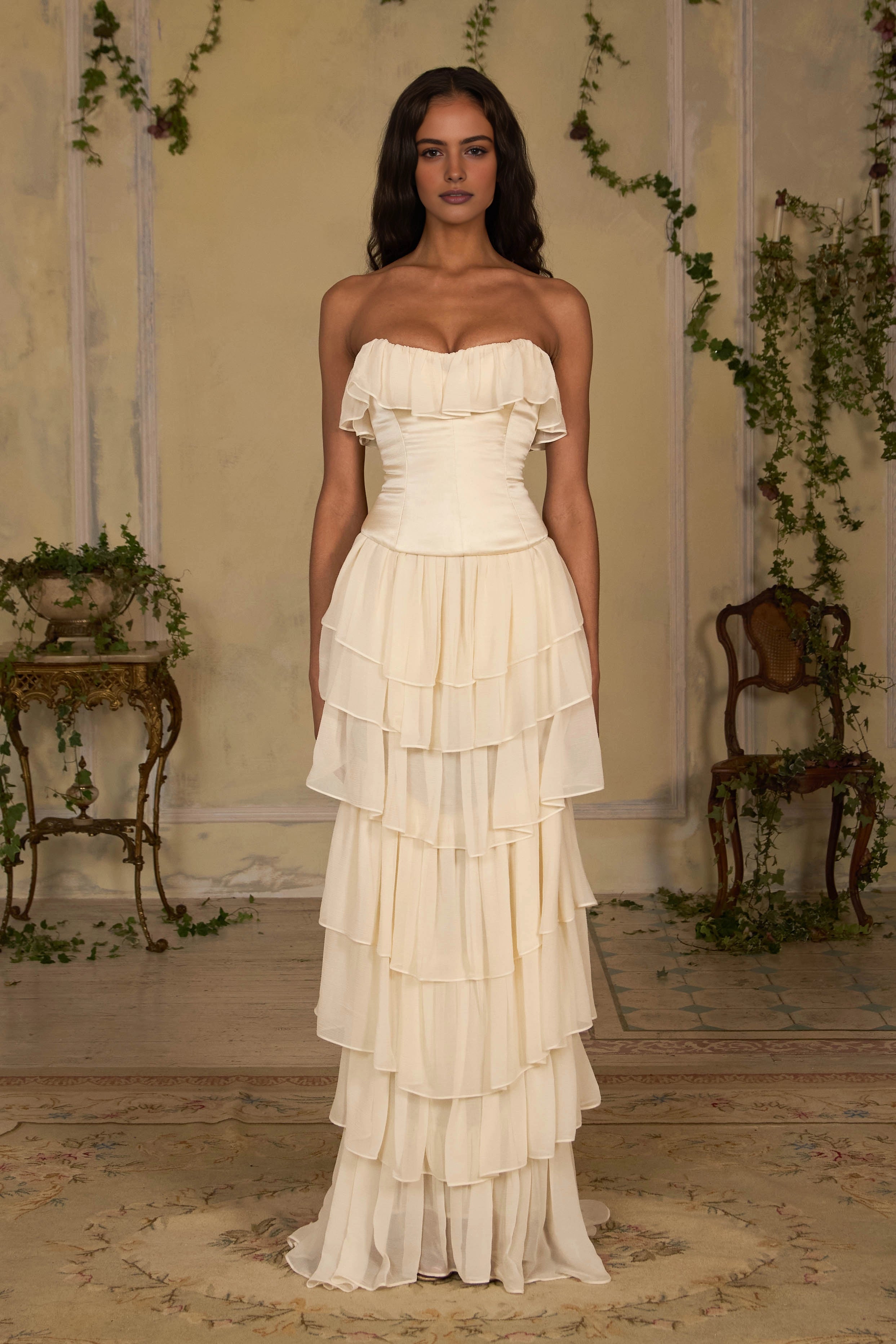 Vedress cream chiffon strapless ruffled tiered A‑line prom dress full‑length front view