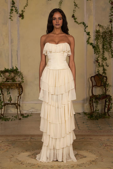 Vedress cream chiffon strapless ruffled tiered A‑line prom dress full‑length front view
