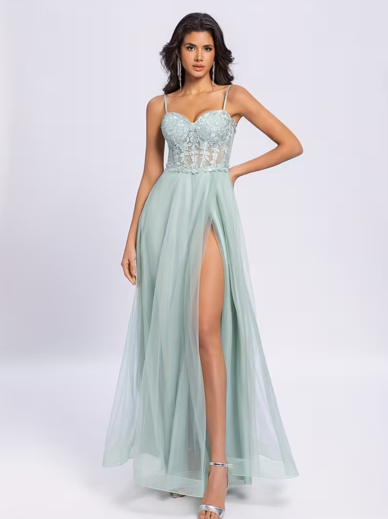 Women's Strapless Lace Bodice Tulle Mermaid Cut-Out Evening Gown Evening Gown with High Side Slit Elegant Long Cocktail Dress