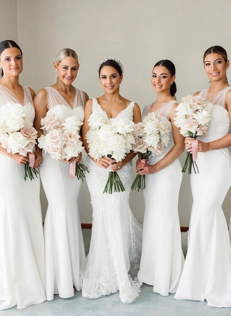 Women's Sheath Trumpet/Mermaid V-Neck Sleeveless Sweep Train Ruched Wedding Guest Dresses Bridesmaid Dresses with Sash