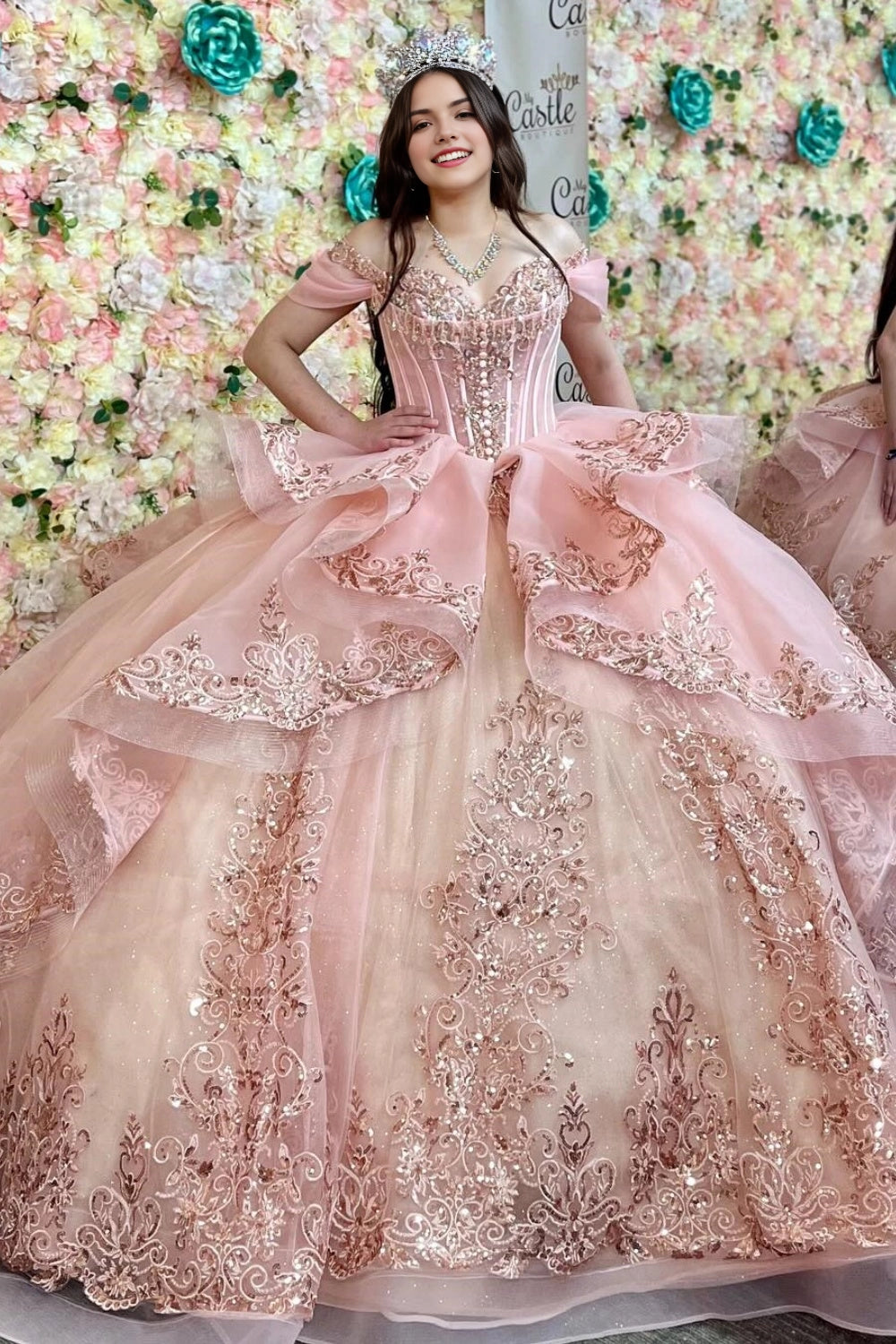 Luxury Blush Pink Ball Gown Sweetheart Off Shoulder Lace‑Up Back Court Train Quinceanera Dress