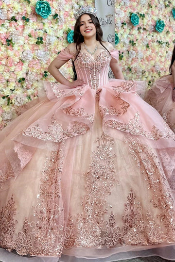 Luxury Blush Pink Ball Gown Sweetheart Off Shoulder Lace‑Up Back Court Train Quinceanera Dress