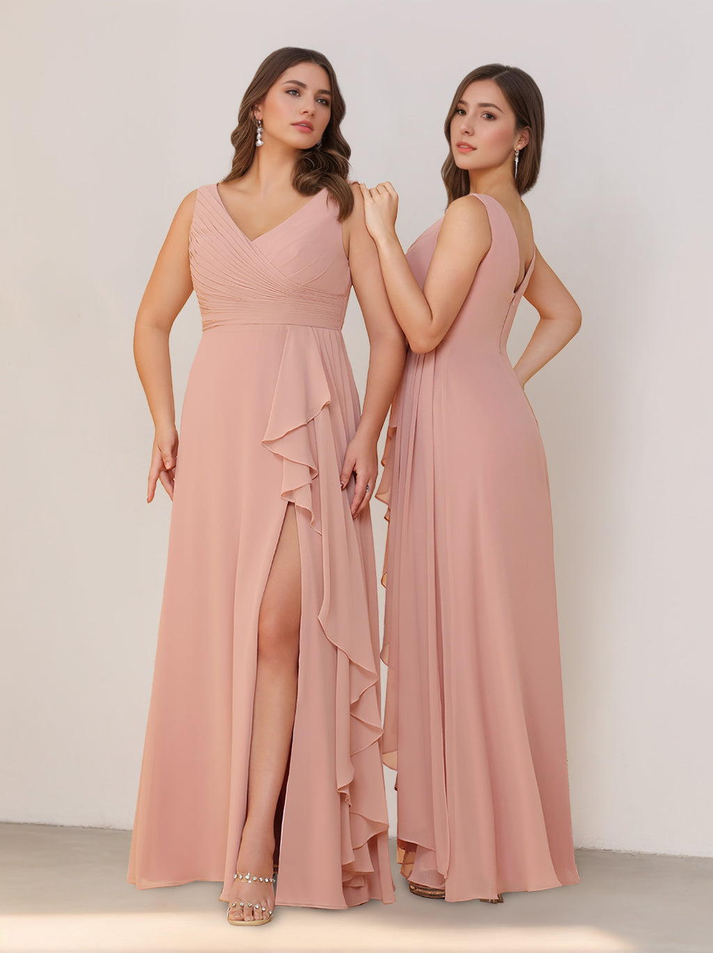 A-Line Chiffon Princess V-Neck Sleeveless Floor-Length Bridesmaid Dresses with Ruffles & Split Side