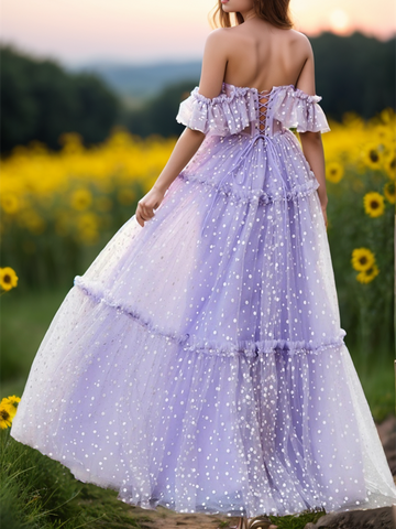 Vestidos de fiesta de tul con volantes, hombros descubiertos, corte en A, de lunares, corsé con escote corazón, hasta el suelo, para cumpleaños y ocasiones especiales