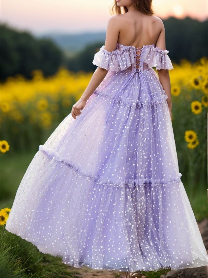 Vestidos de fiesta de tul con volantes, hombros descubiertos, corte en A, de lunares, corsé con escote corazón, hasta el suelo, para cumpleaños y ocasiones especiales