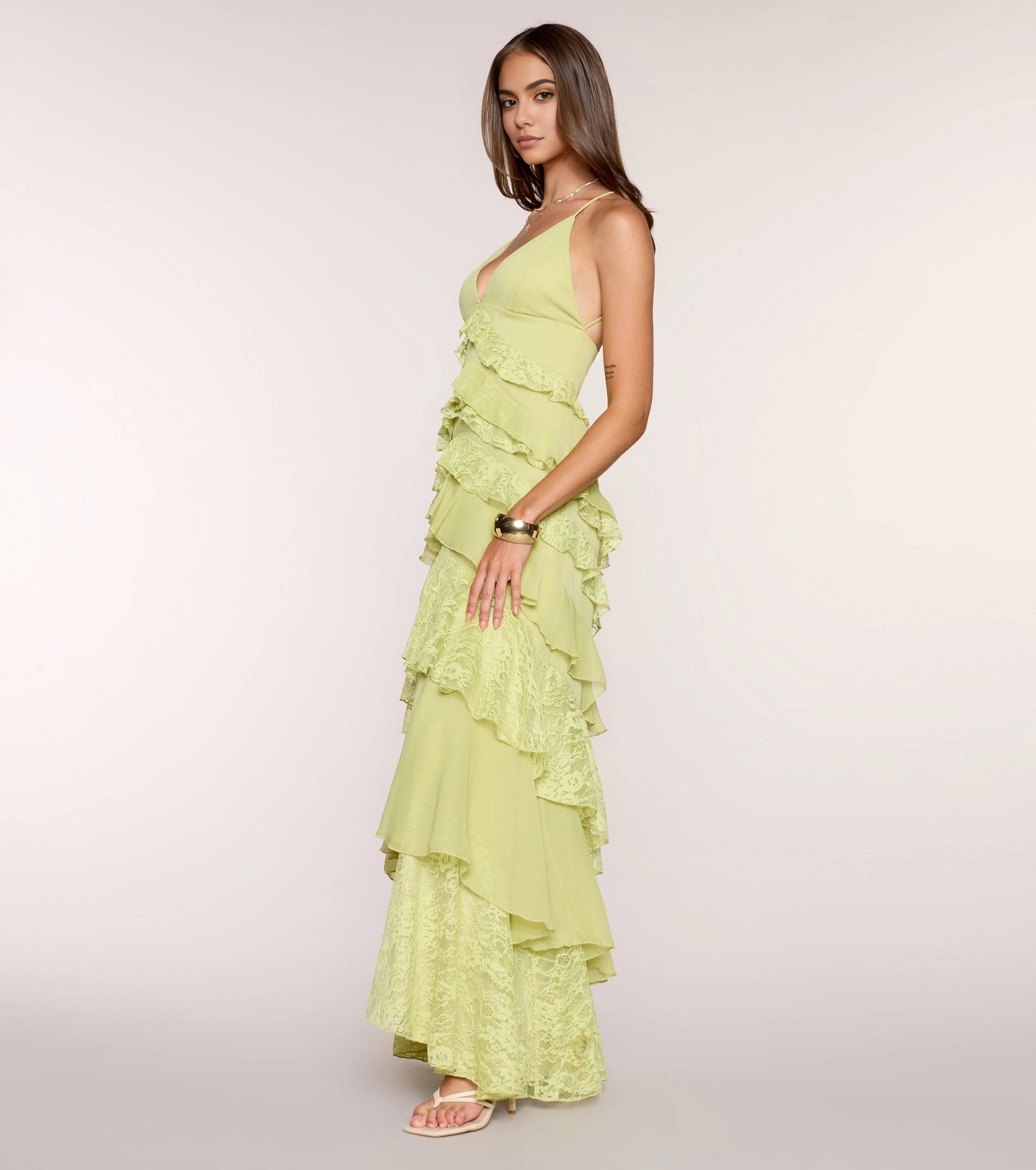 Ivory A Line Deep V Halter Tie Back Tiered Lace Long Prom Dress