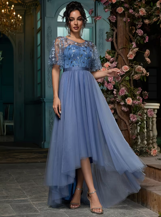 A-Line Bridesmaid Dress Mesh Party Maxi for Wedding Guest Round Neck Ruffle Sleeve Sequins Embroidery Prom Dresses