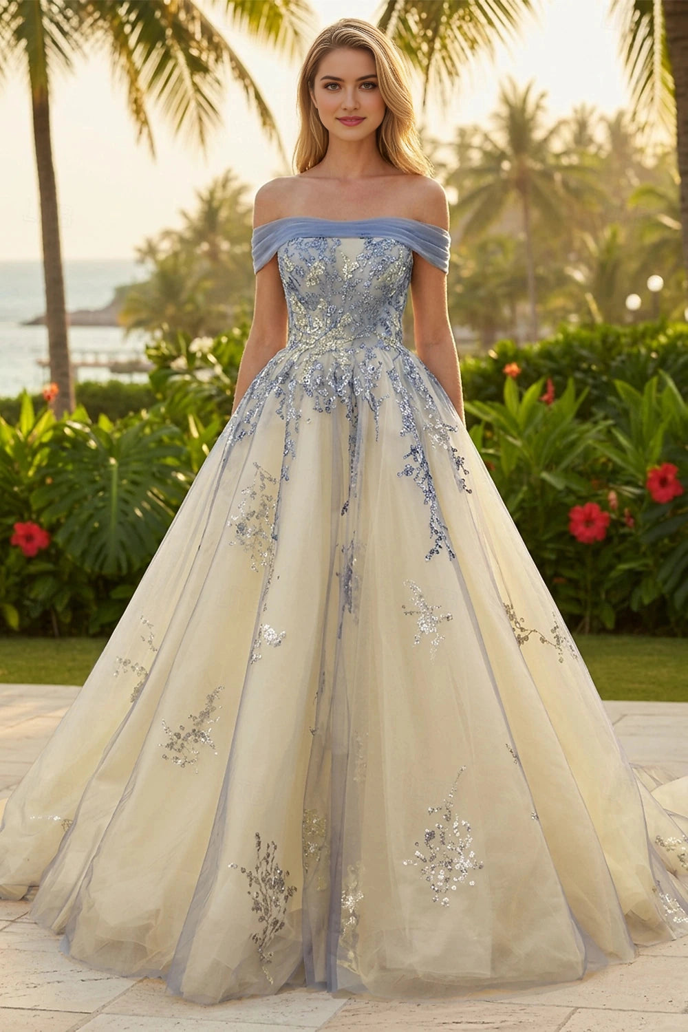 Vedress champagne blue sequin off shoulder tulle ballgown prom dress front beach outdoor view