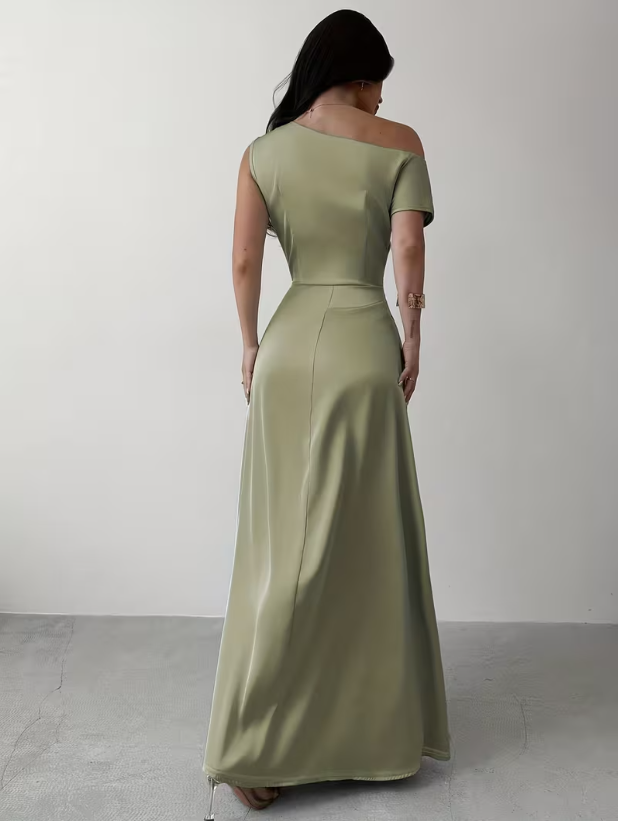 Asymmetrical Draped Satin Solid Off-Shoulder Dress with Cinched Waist Evening Gown Party Wedding Guest Dresses
