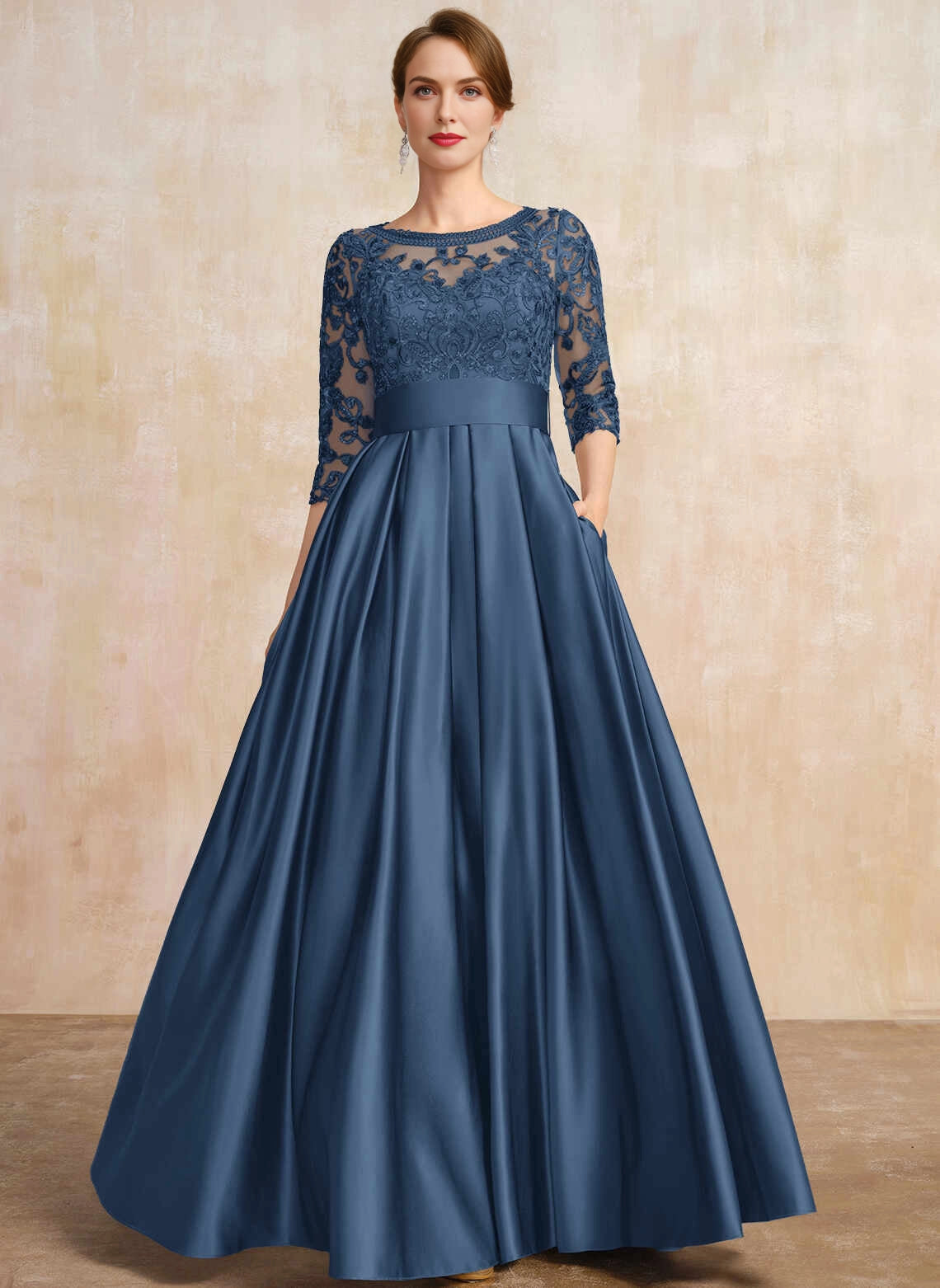 Elegant A‑Line Scoop Neck 3/4 Sleeve Bow Back Floor‑Length Mother Of The Bride Dress