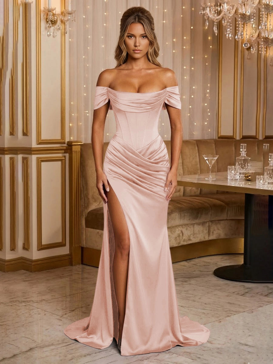 Glamorous Mermaid Off‑Shoulder Short Sleeve Corset‑Back Slit Maxi Evening Dress