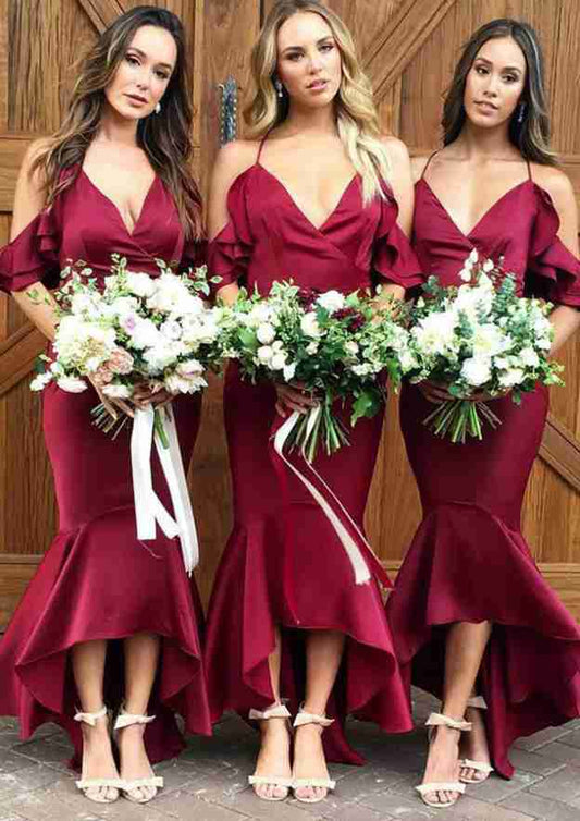 Mermaid V Neck Sleeveless Asymmetrical Charmeuse Silk Party Wedding Guest Bridesmaid Dresses With Ruffles