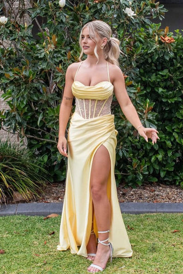 Vedress yellow satin corset mesh high slit spaghetti strap mermaid prom dress