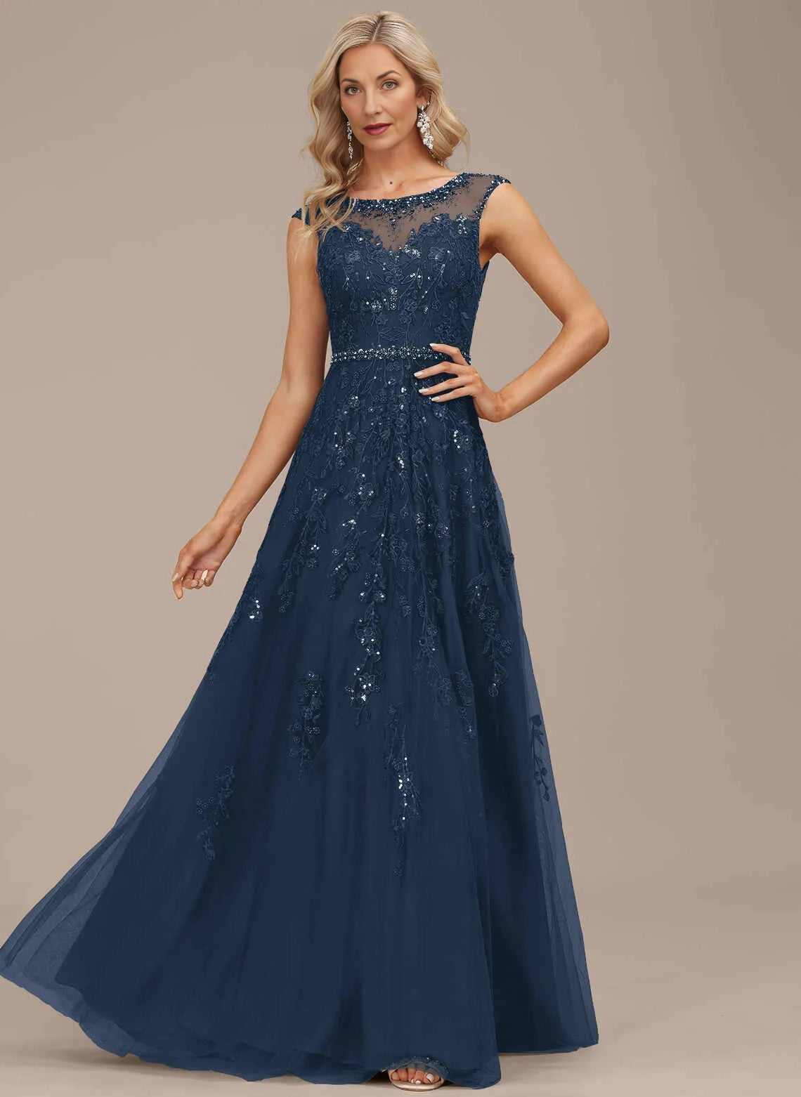 Glamorous A‑Line Illusion Neck Sleeveless Beaded Tulle Mother Of The Bride Dress
