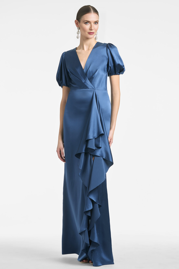 Women's Elegant V-Neck Puff Sleeve Gown with Asymmetric Ruffle Detail