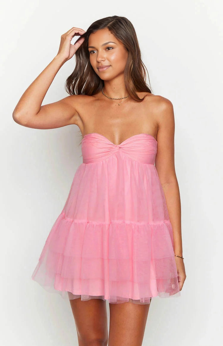 Vedress blush pink tiered tulle a line mini homecoming dress twist sweetheart strapless teen formal gown