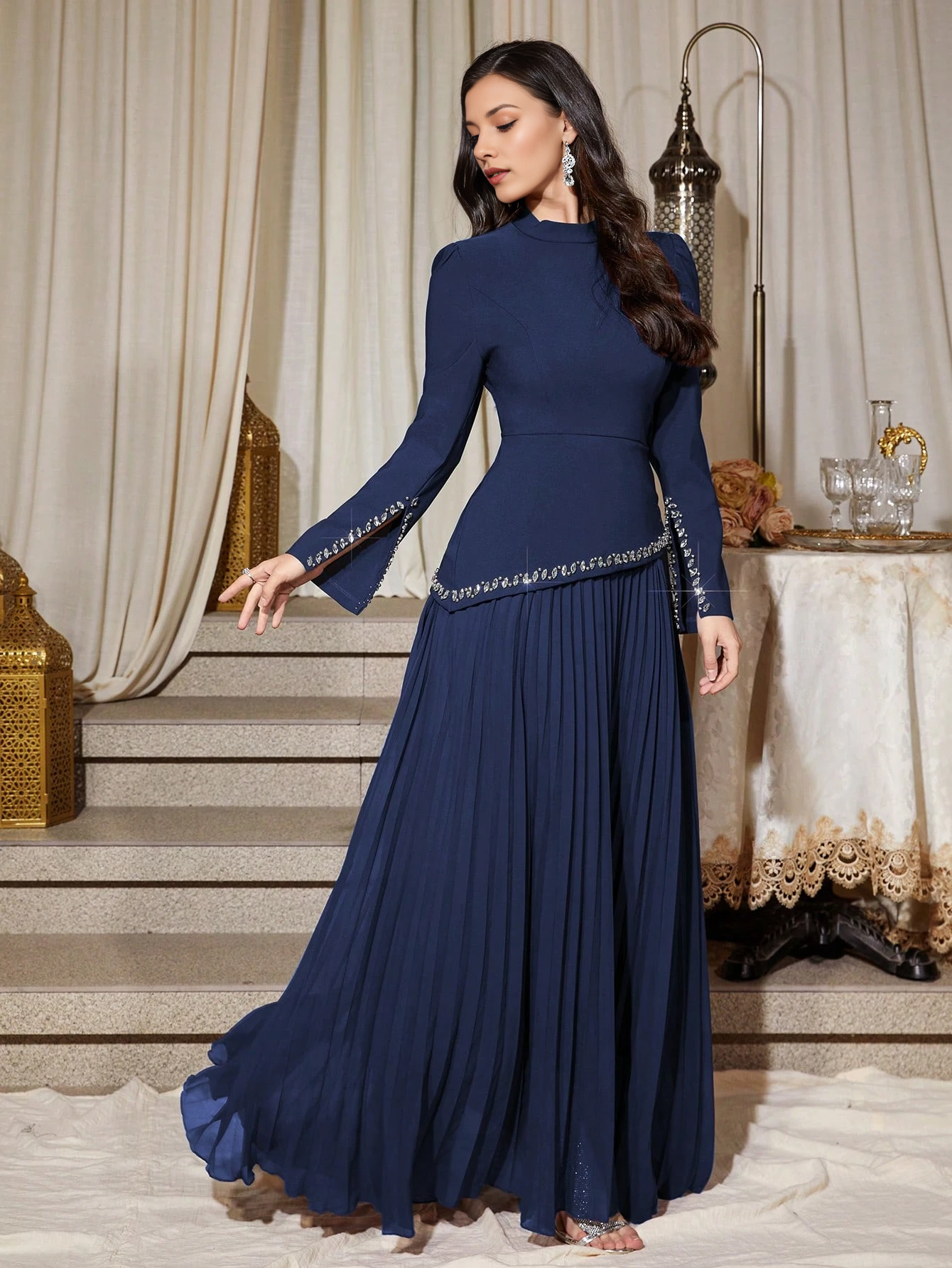 High Neck Long Sleeve Crystal Trim Pleated Maxi Dress with Corset Back