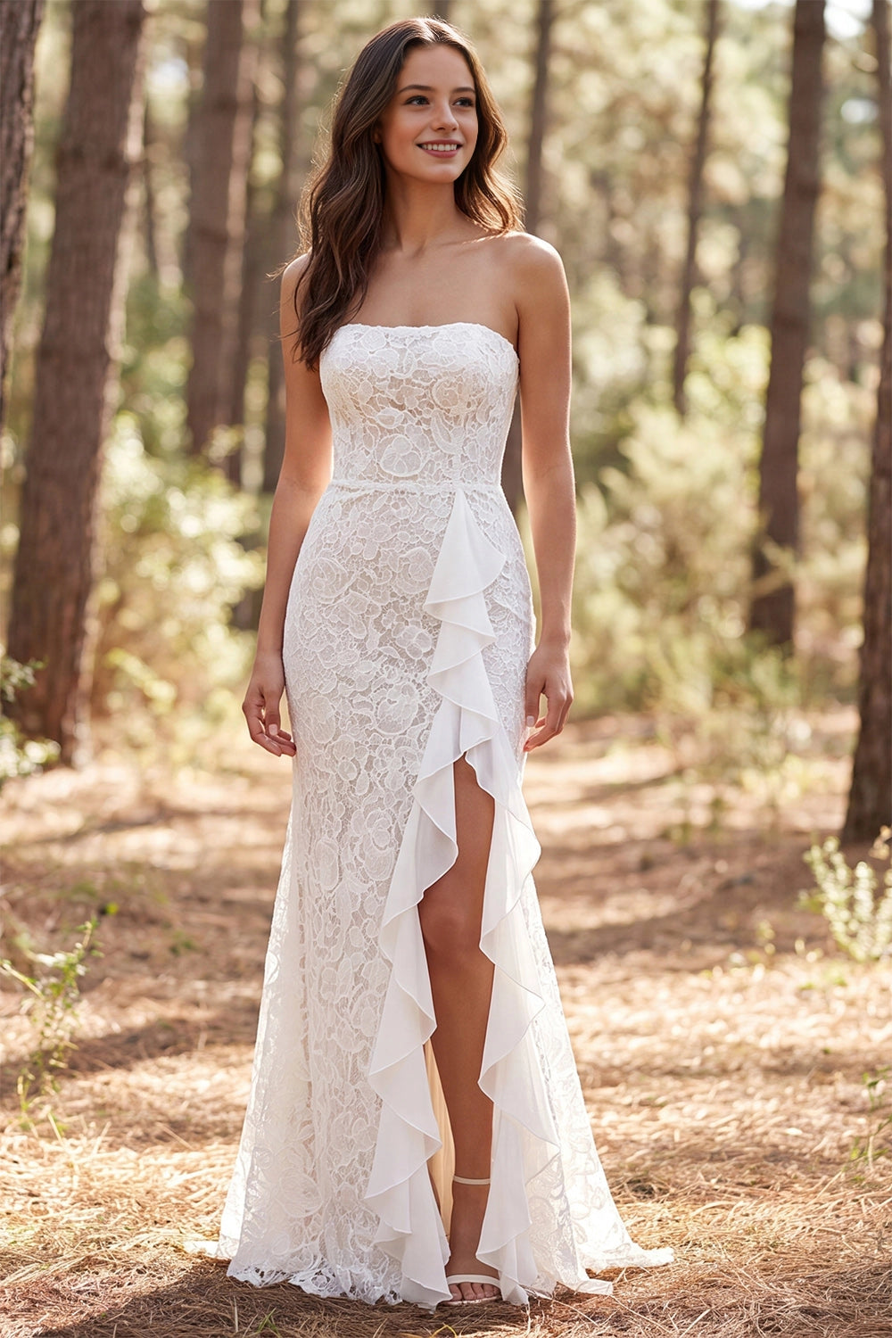 Vedress strapless lace mermaid wedding dress cascading ruffle high slit woodland forest bridal gown