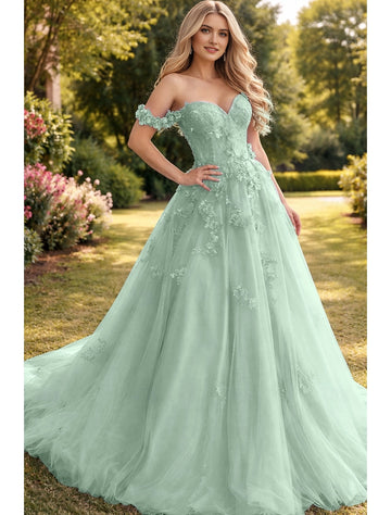 Vedress mint green 3d floral off shoulder sweetheart a line tulle prom gown for formal party garden wedding