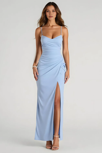 Light Blue Spaghetti Strap Ruched Maxi Dress with High Slit