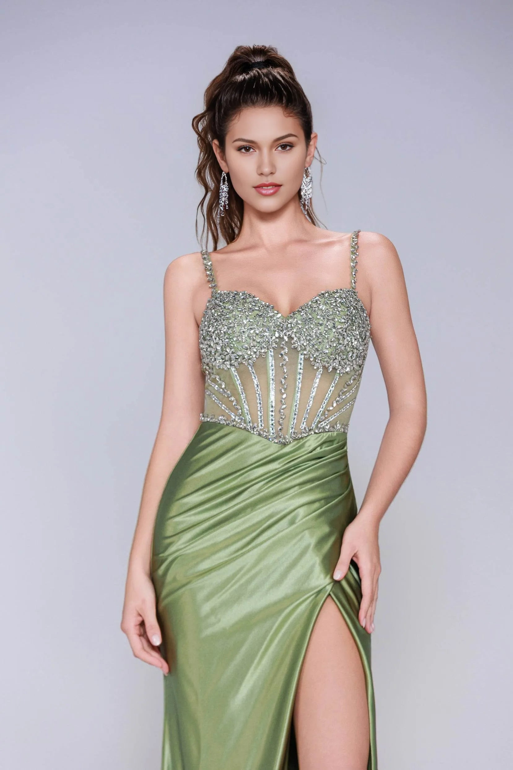 Sophisticated Sheath Spaghetti Strap Satin Rhinestone Sweep-Brush Train Evening Gown with Slit