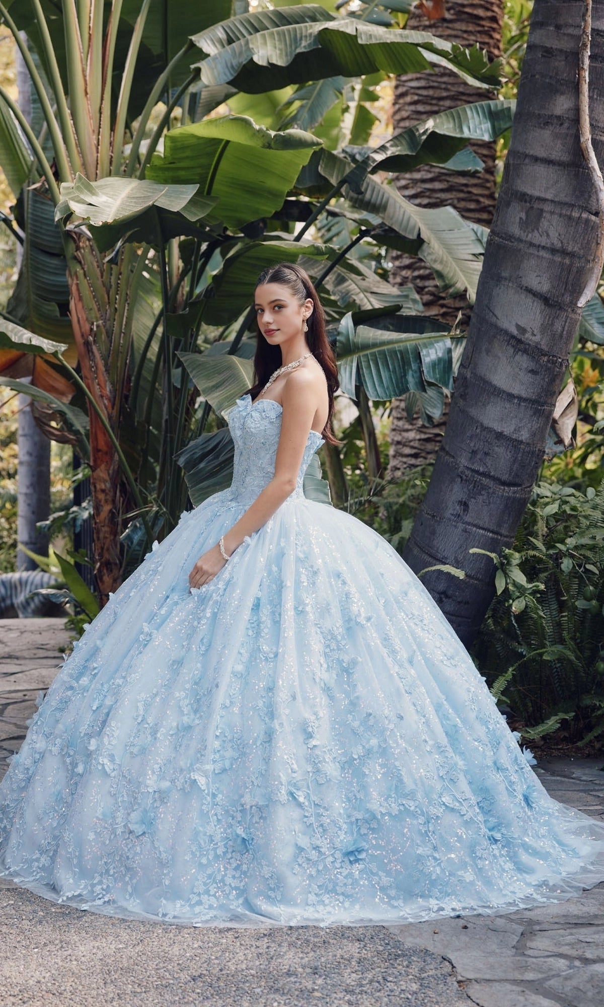 Ethereal Ball Gown Sweetheart Strapless Illusion Back Cathedral Train Quinceanera Dress