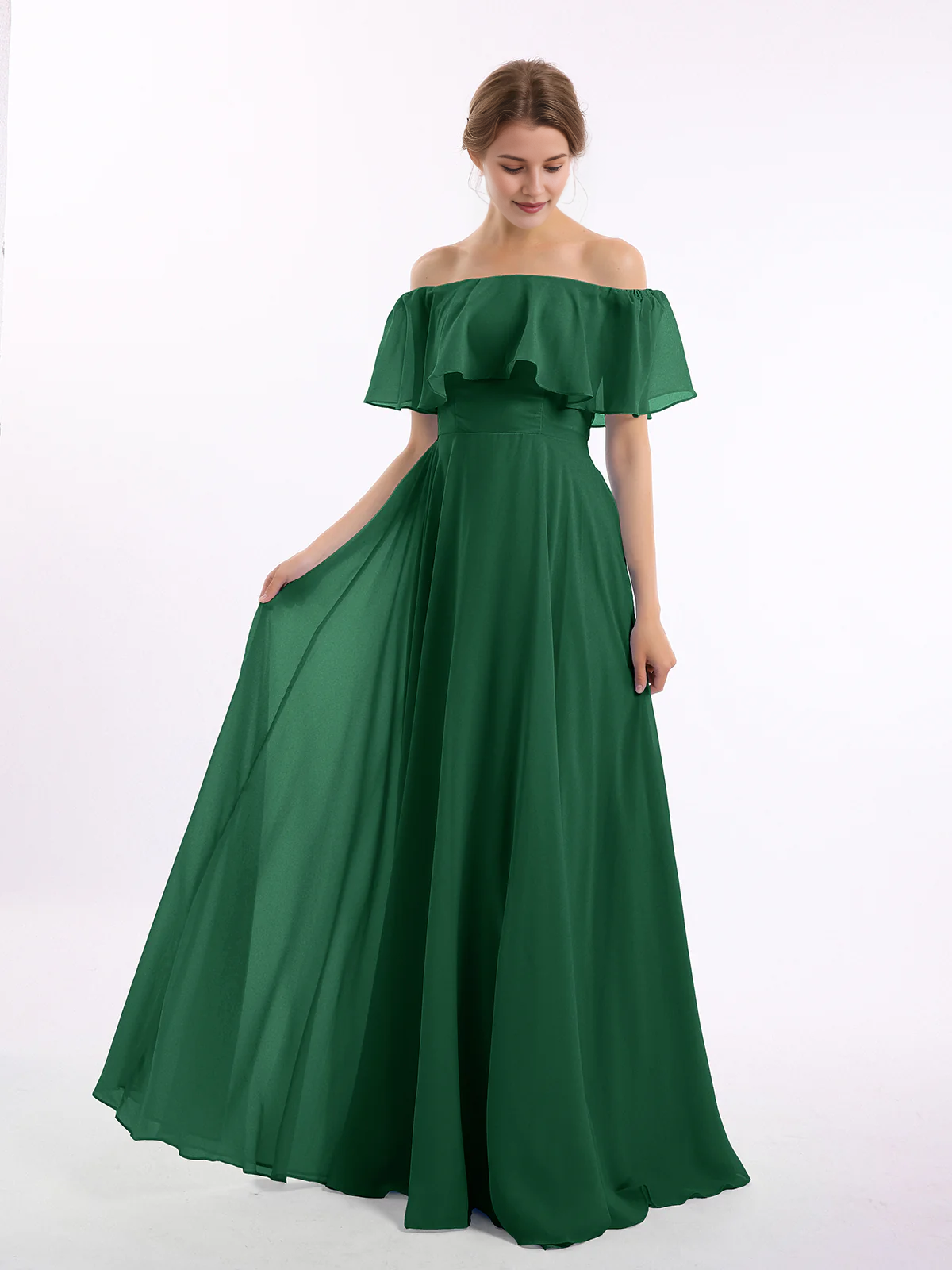 Off-the-Shoulder Double Ruffle Chiffon A-Line Bridesmaid Maxi Dress