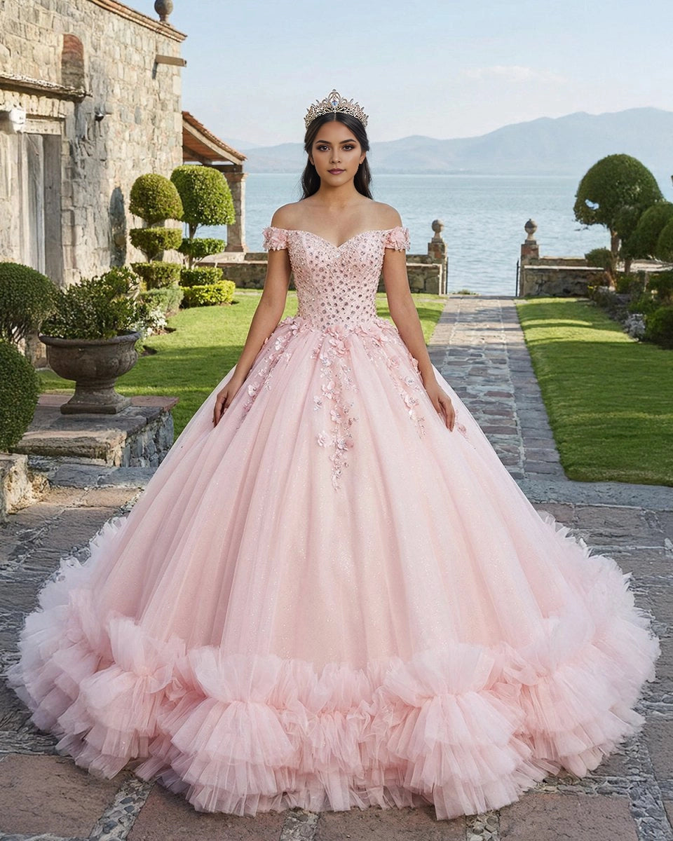 Blush Pink Off Shoulder Beaded 3D Floral Lace Up Back Quinceañera Dress