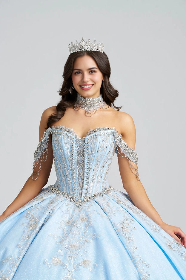 Ball Gown Off Shoulder Beaded Bow Train Cinderella Quinceañera Dress