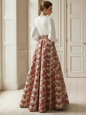 Vedress two piece style floral jacquard wedding guest long gown back view with puff sleeve and zipper