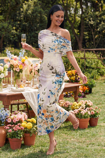 Vedress floral asymmetric one shoulder midi wedding guest dress outdoor garden photoshoot