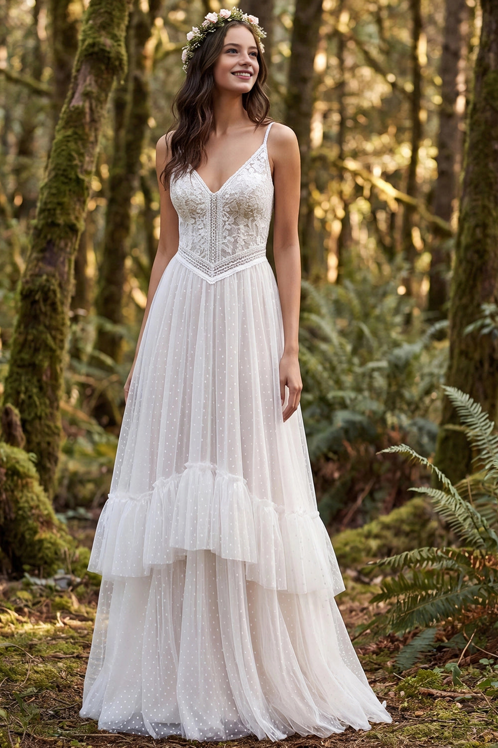 Vedress lace bodice polka dot tulle a-line wedding dress deep v tiered ruffle woodland bridal gown