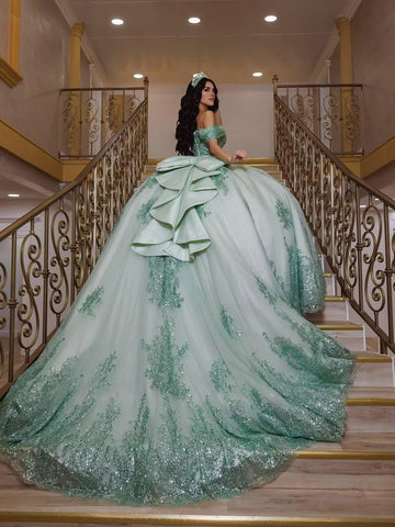 Vedress emerald green quinceanera dress off shoulder lace-up corset back green glitter lace appliqué court train ballgown back view
