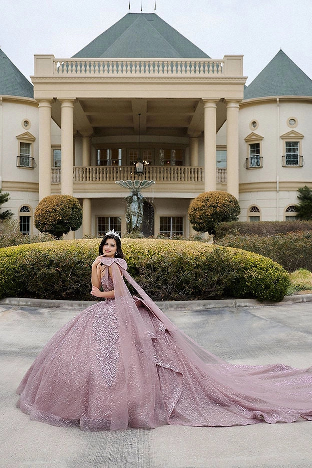 Ball Gown Sweetheart One Shoulder Cape Bow Corset Quinceañera Dress