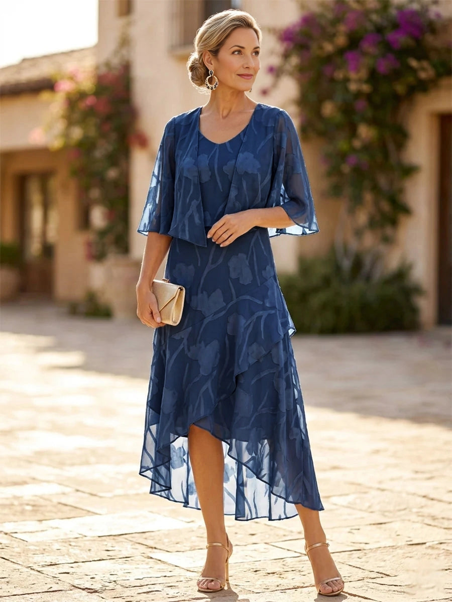 Navy Two‑Piece Chiffon High‑Low Mother of the Bride Dress
