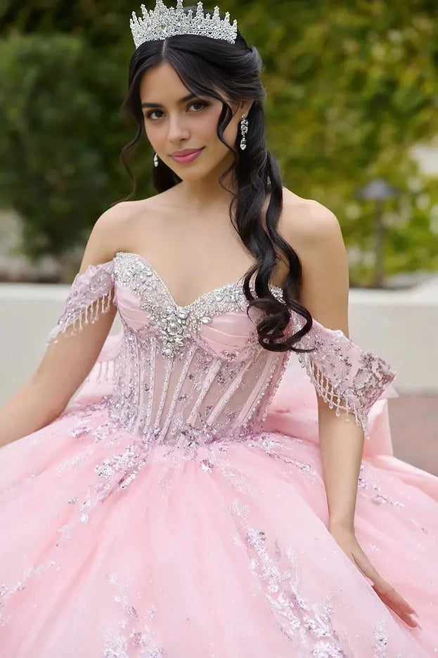 Ball Gown Off Shoulder Sequin Bow Long Train Quinceañera Dress