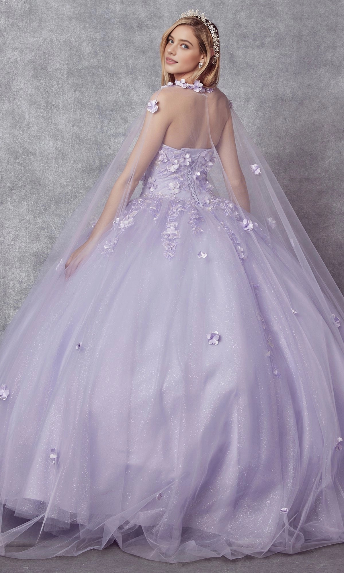 Vedress lavender quinceanera dress lace‑up corset back detachable cape 3D flower ballgown back view