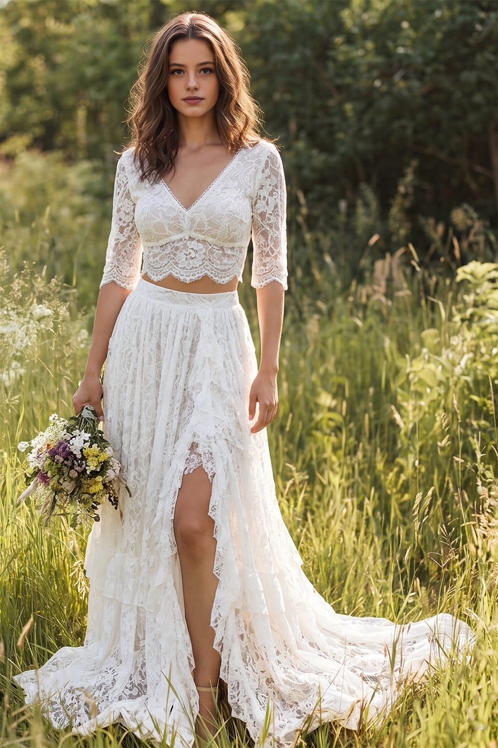 Vedress two piece lace boho wedding dress deep v 3/4 sleeve ruffle meadow bridal gown