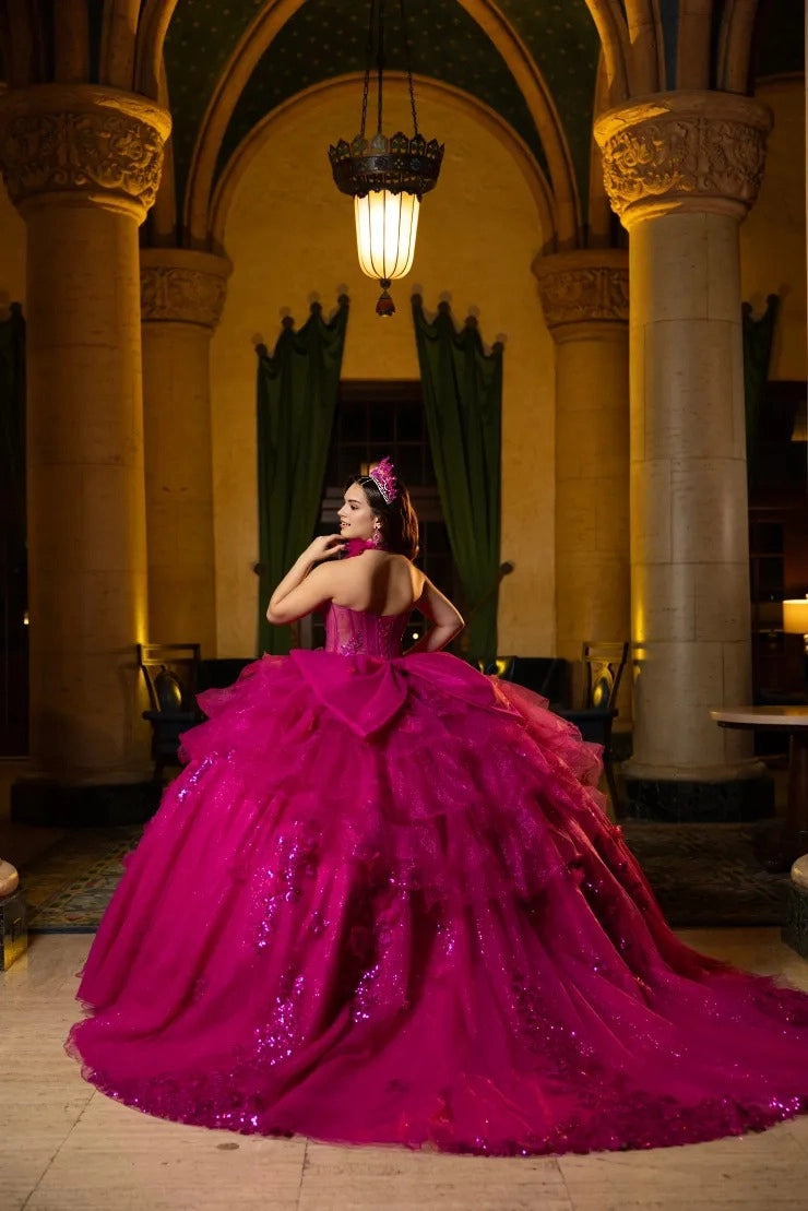 Vedress fuchsia quinceanera dress strapless lace-up corset back voluminous ruffled tulle court train ballgown back view
