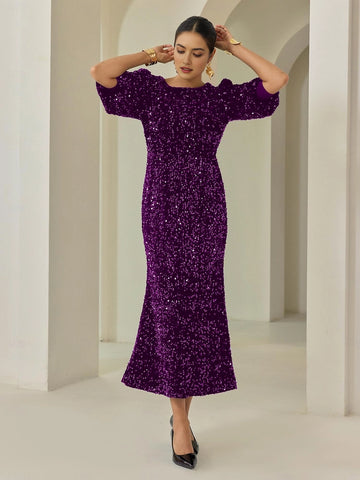 Vedress dark purple velvet all over sequin puff sleeve round neck midi prom dress front close up view